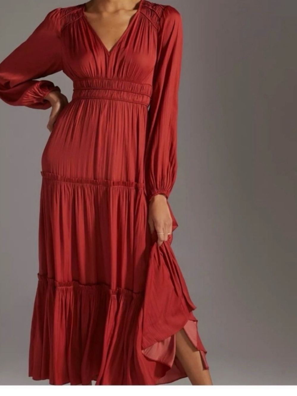 Anthropologie XS Maxi Dress, rust/brick red, long sleeve, v neck
